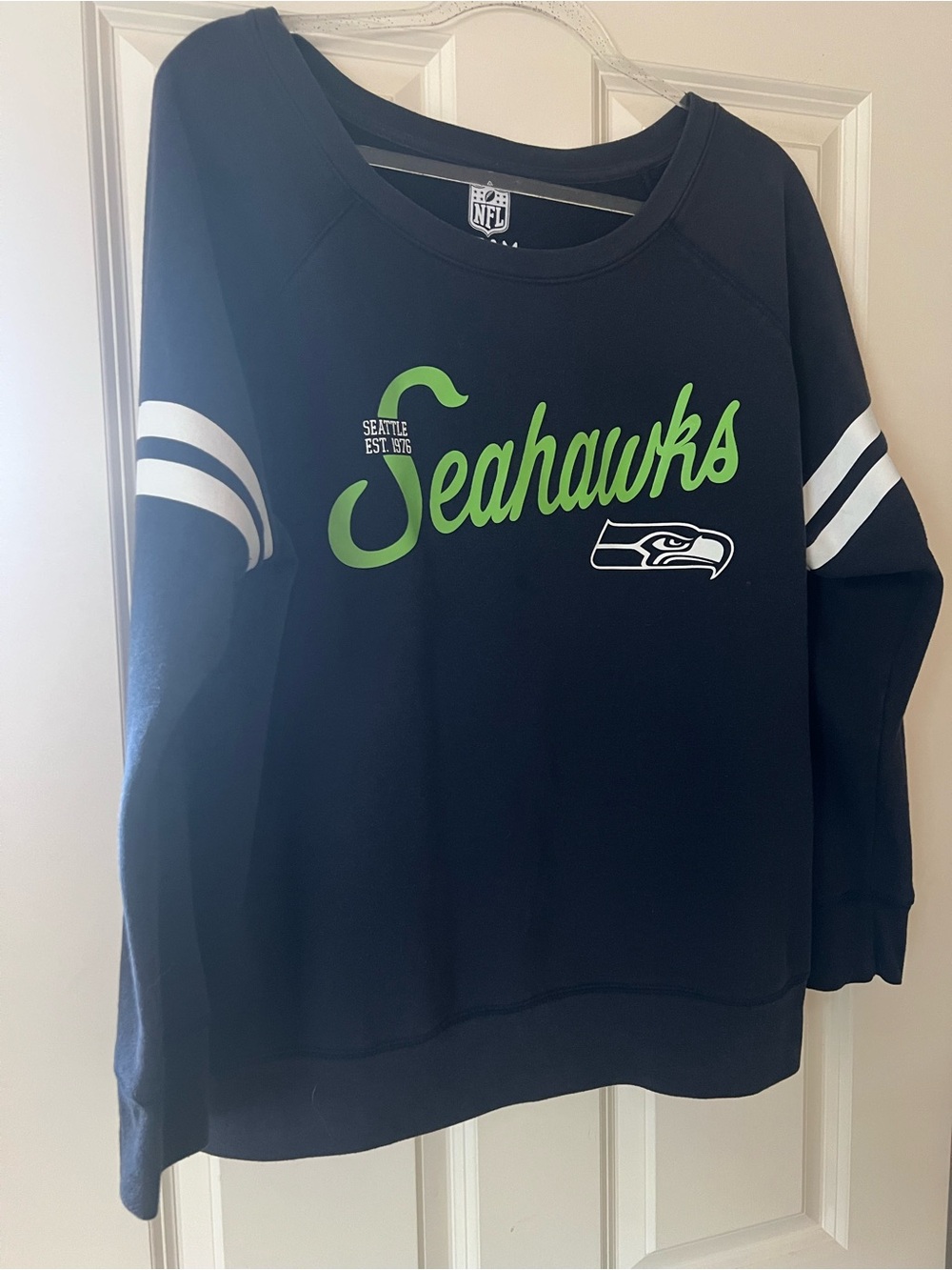 NFL Seahawks Women's Navy Crewneck Sweatshirt with Lime Script